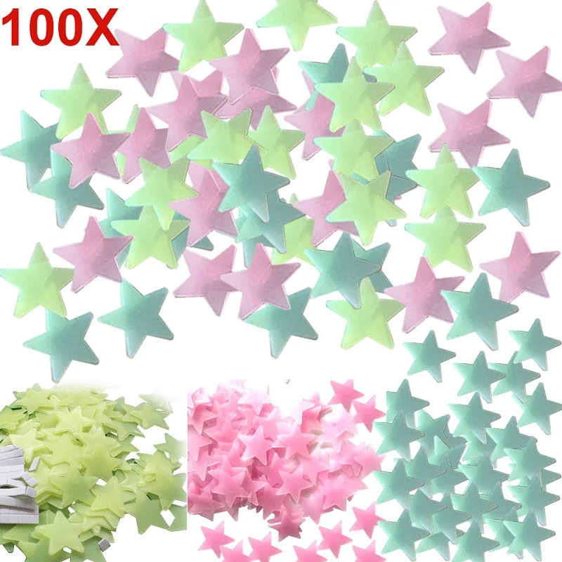

100pcs 3D Glowing Stars Wall Sticker Removable Wall Decals Glow Color Luminous Fluorescent Stickers For Kids Bedroom Rooms Decor