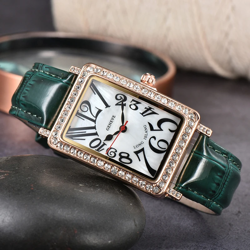

Women Diamond Watch Rectangle Rectangular Dial Iced Out Female Wristwatch Rhinestone Ladies Luxury Leather Belt Square Reloj