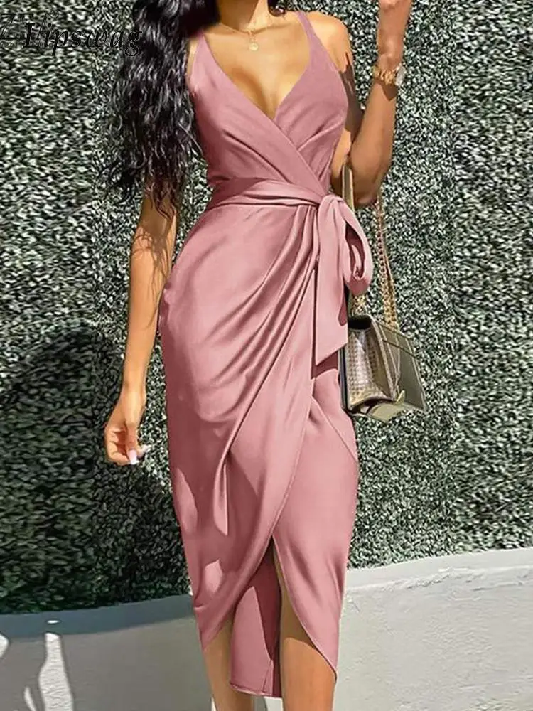 2022 Summer Women Elegant Party Dresses Solid Sleeveless Wrap V-Neck Lace-up Midi Dress Office Lady Sexy Slit Sling Straps Dress 
2022 Summer Women Elegant Party Dresses Solid Sleeveless Wrap V-Neck Lace-up Midi Dress Office Lady Sexy Slit Sling Straps Dress