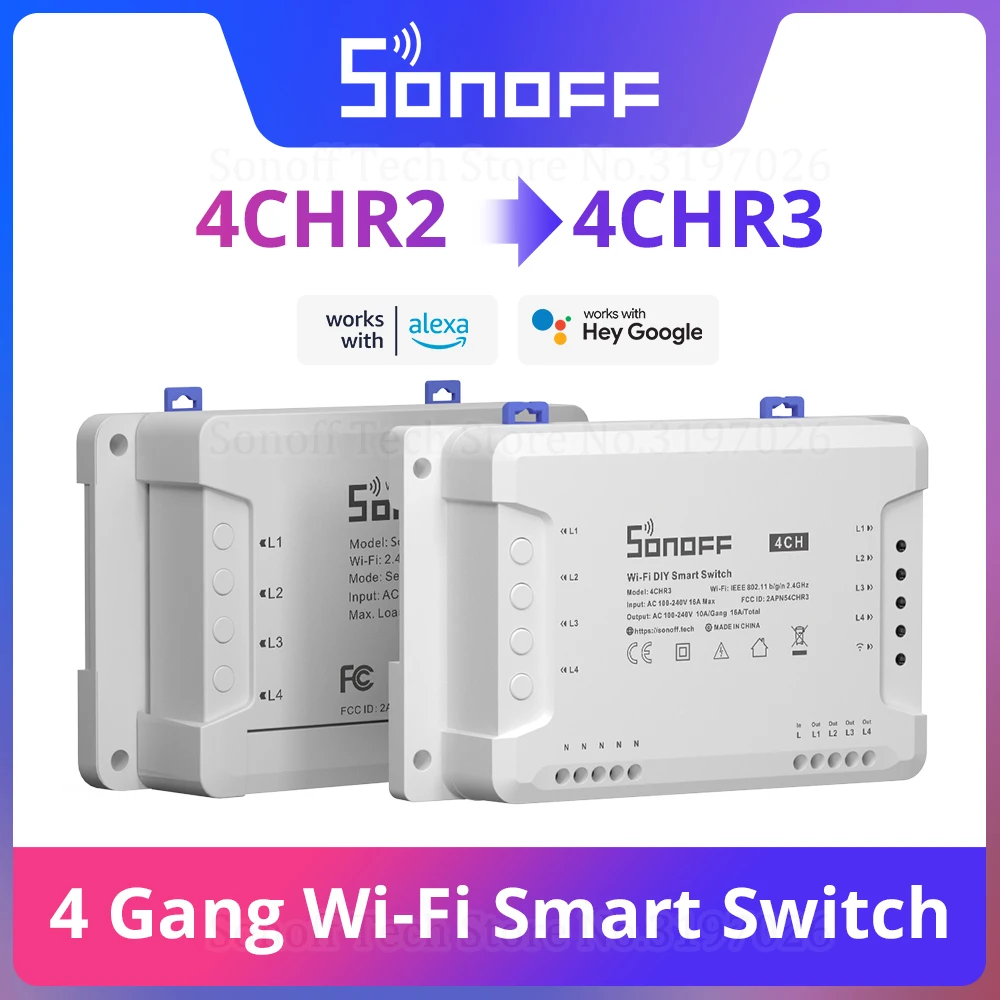 

Itead Sonoff 4CH R2 Smart Wifi Switch 4 Gang Smart Home Remote Control Light Switch Works with Alexa Google Home eWeLink APP