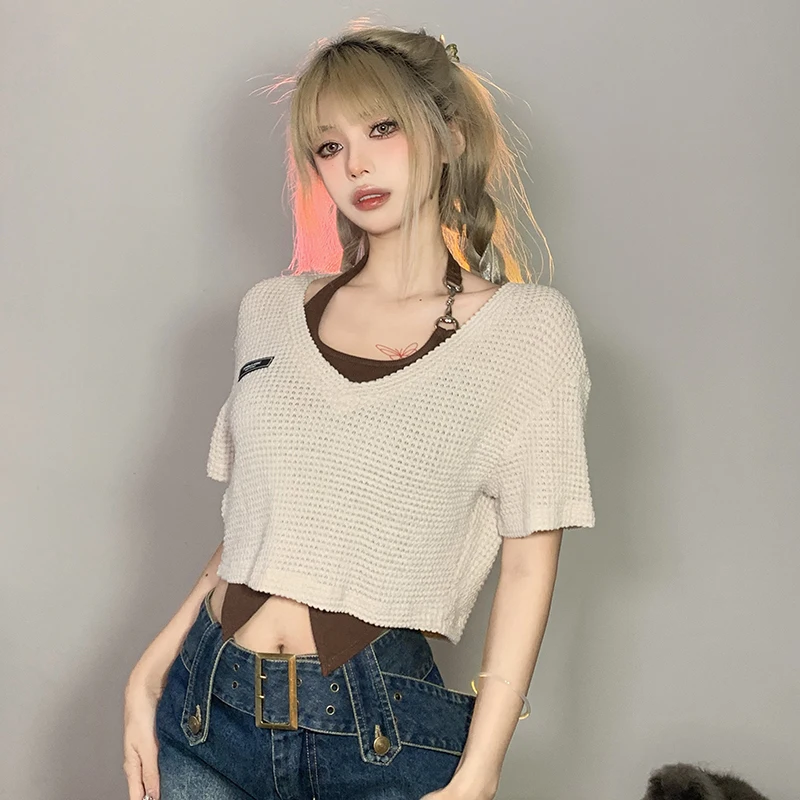 American Retro Irregular Halter Tanks Hollow Out Solid Knitted Short Sleeve Crop Tops Two Piece Women Sets Y2k High Waist Slim
American Retro Irregular Halter Tanks Hollow Out Solid Knitted Short Sleeve Crop Tops Two Piece Women Sets Y2k High Waist Slim