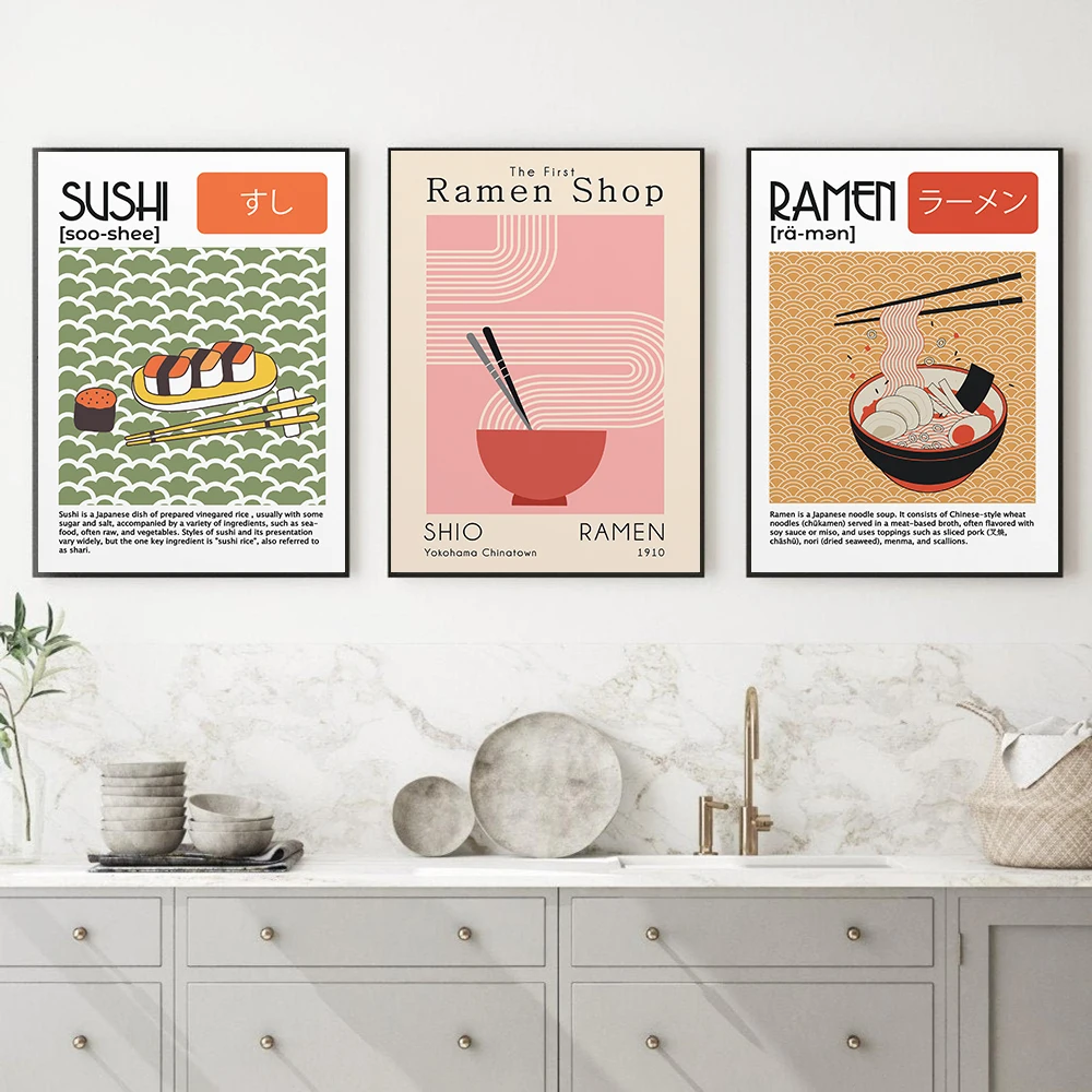 

Постер для японской еды, рамен, лапша для суши, искусство на стену, первый магазин рамен, холст, искусство на стену, украшение для дома и кухни