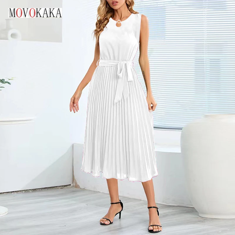 MOVOKAKA Ladies Spring Summer White Pleated Mid Dress Women Sleeveless Folds Waist Tie Dresses Party Elegant Stylish Long Dress
MOVOKAKA Ladies Spring Summer White Pleated Mid Dress Women Sleeveless Folds Waist Tie Dresses Party Elegant Stylish Long Dress