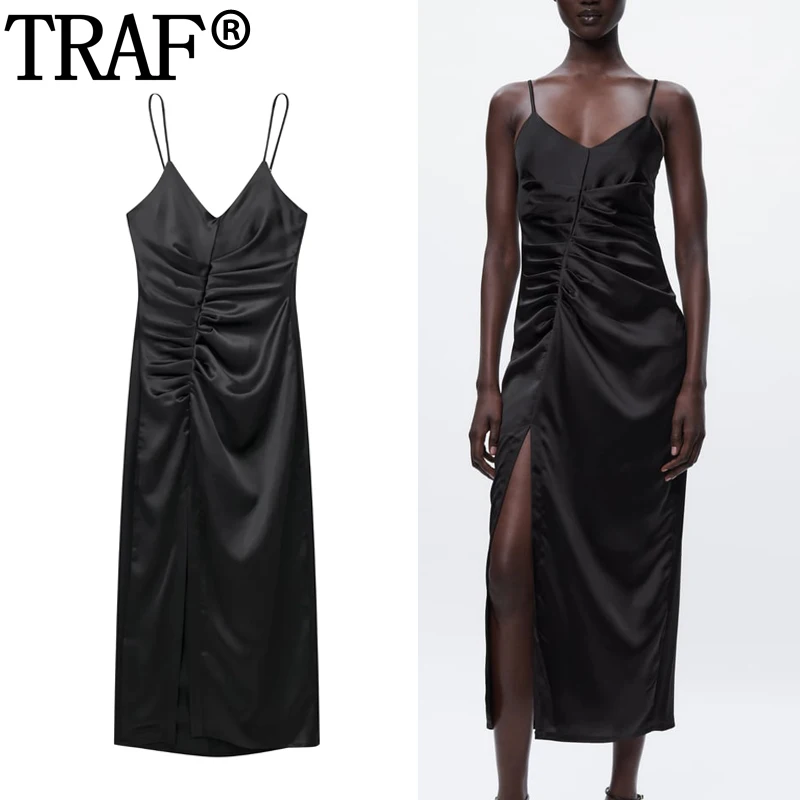 TRAF Satin Slip Dress Woman Sleeveless Black Long Dresses For Women Ruched Slit Midi Dress Backless Sexy Night Evening Dresses
TRAF Satin Slip Dress Woman Sleeveless Black Long Dresses For Women Ruched Slit Midi Dress Backless Sexy Night Evening Dresses