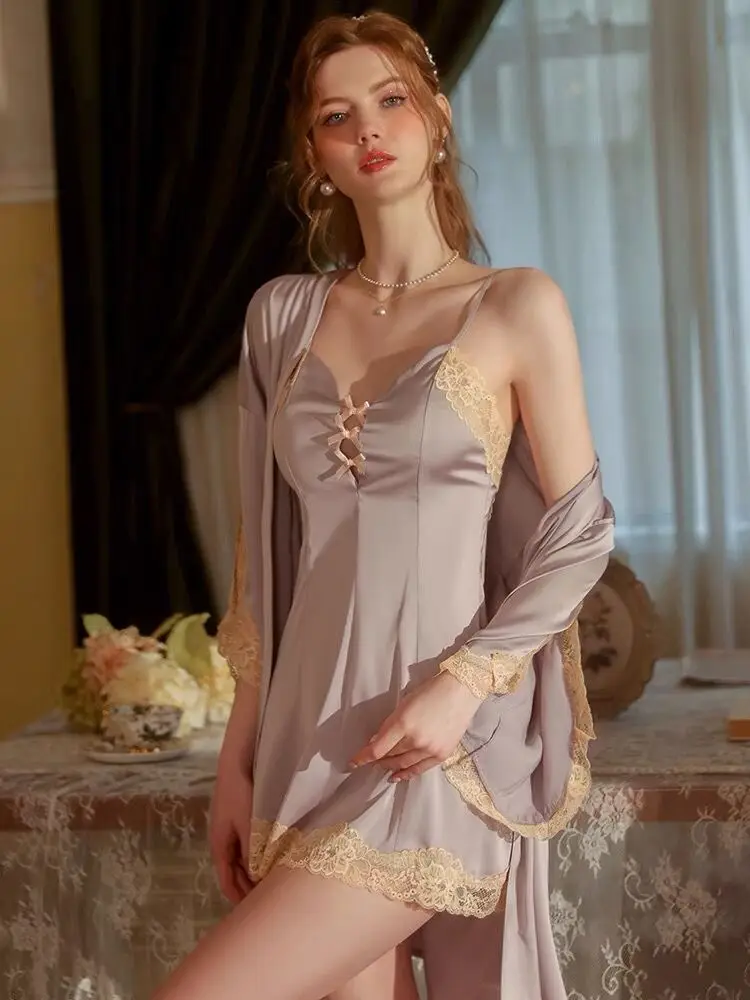 2pcs (Dress + Robe ) Autumn Ladies Pajama Set Satin Set Cardigan Dress Elegant Femme Robes Sleepwear Lace Trim Hollow Homewear
2pcs (Dress + Robe ) Autumn Ladies Pajama Set Satin Set Cardigan Dress Elegant Femme Robes Sleepwear Lace Trim Hollow Homewear