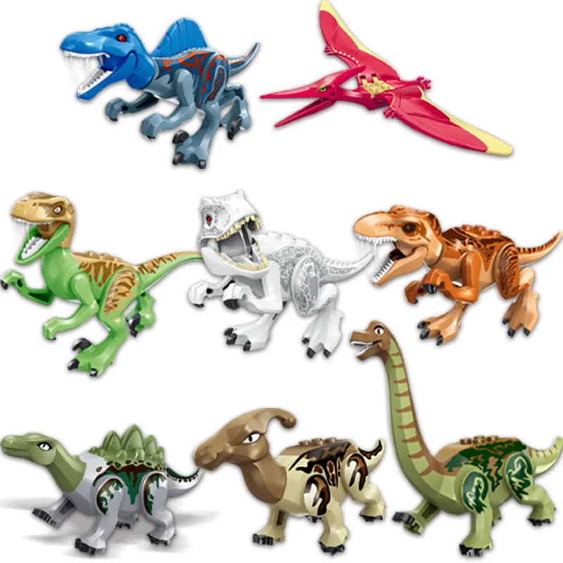 

8Pcs Locking Jurassic Dinosaurs Set Tyrannosaurus Rex Spinosaurus Velociraptor Stegosaurus Building Block For Children