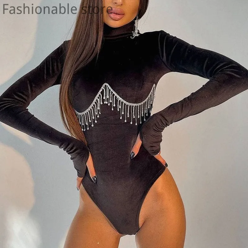 Women Elegant Solid Color Long Sleeve Velvet Rhinestone Tassel Design Bodysuit
Women Elegant Solid Color Long Sleeve Velvet Rhinestone Tassel Design Bodysuit