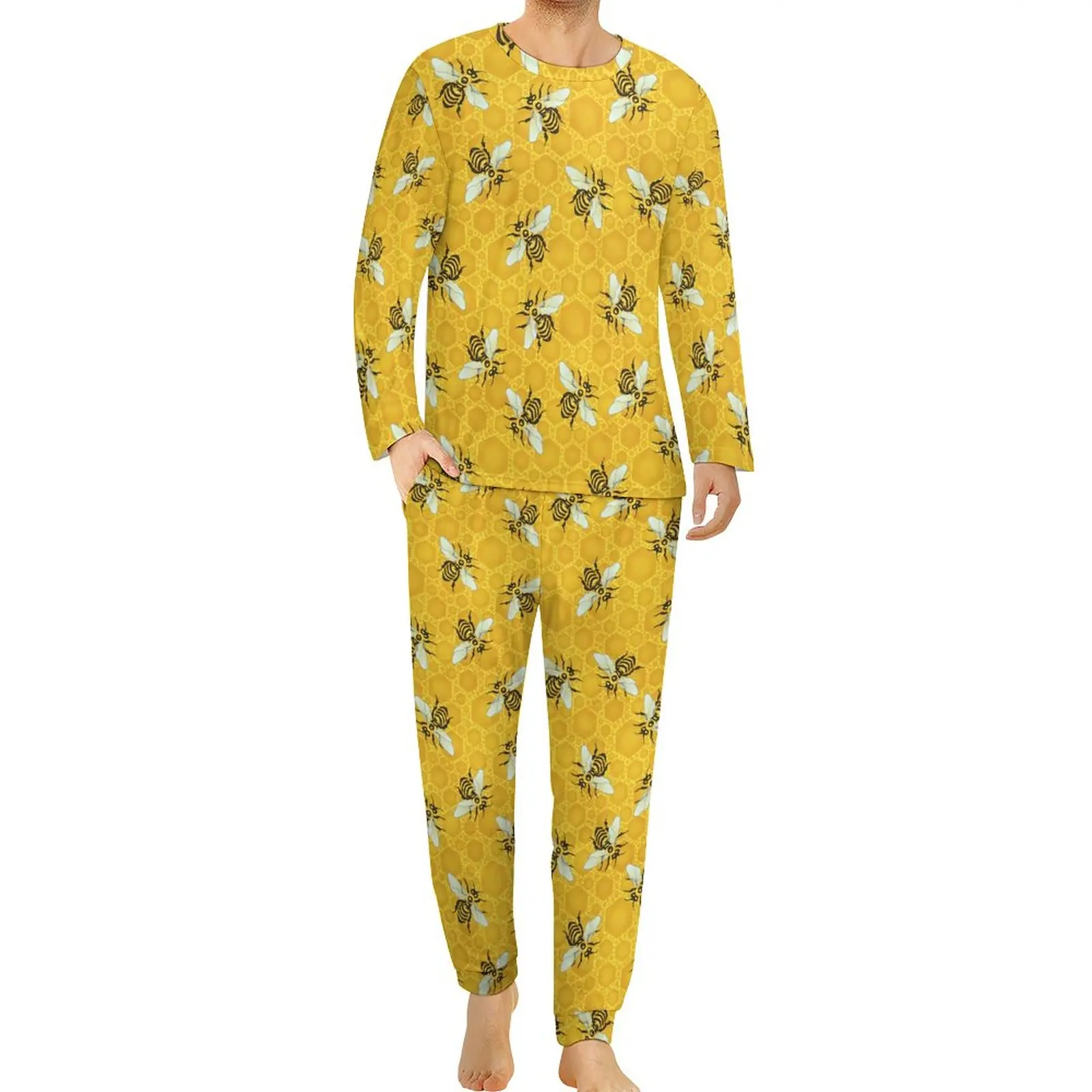 

Bees Honeybees Pajamas Man Honeycomb Cute Beehive Kawaii Sleepwear Long Sleeve Two Piece Night Graphic Pajama Sets 3XL 4XL 5XL