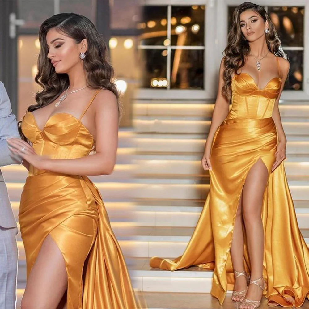 

Formal Prom Party Gown Trumpet Sweetheart Spaghetti Sleeveless Floor-Length Sweep Train Satin Thigh-High Slits Backless