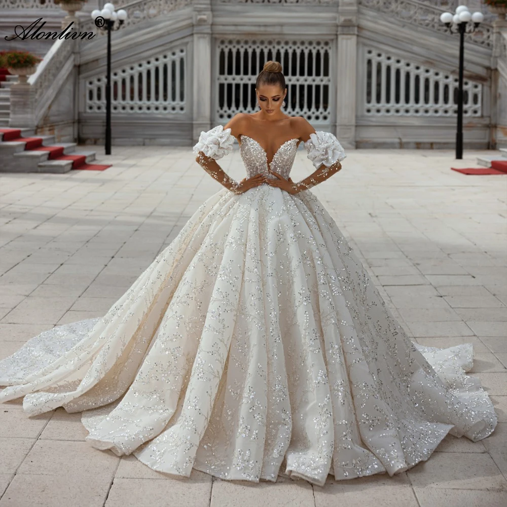 Alonlivn Exquisite Bling Pearls Lace Sweetheart Ball Gown Wedding Dresses Off Shoulder Sleeves Graceful Embroidery Bridal Skirts
Alonlivn Exquisite Bling Pearls Lace Sweetheart Ball Gown Wedding Dresses Off Shoulder Sleeves Graceful Embroidery Bridal Skirts