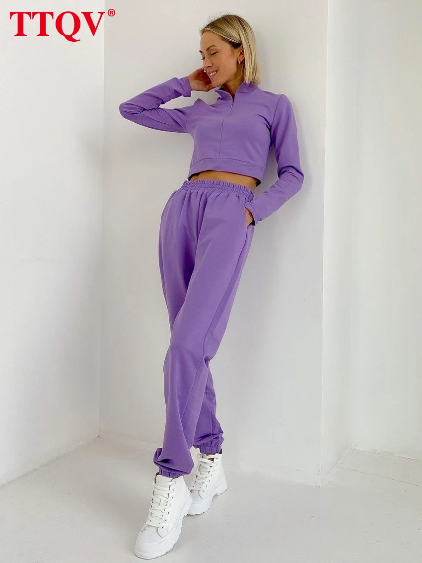 

TTQV Casual Purple Two Piece Sets Womens Outifits Fashion Long Sleeve Crop Tops With High Waisted Solid Trousers Female Sets