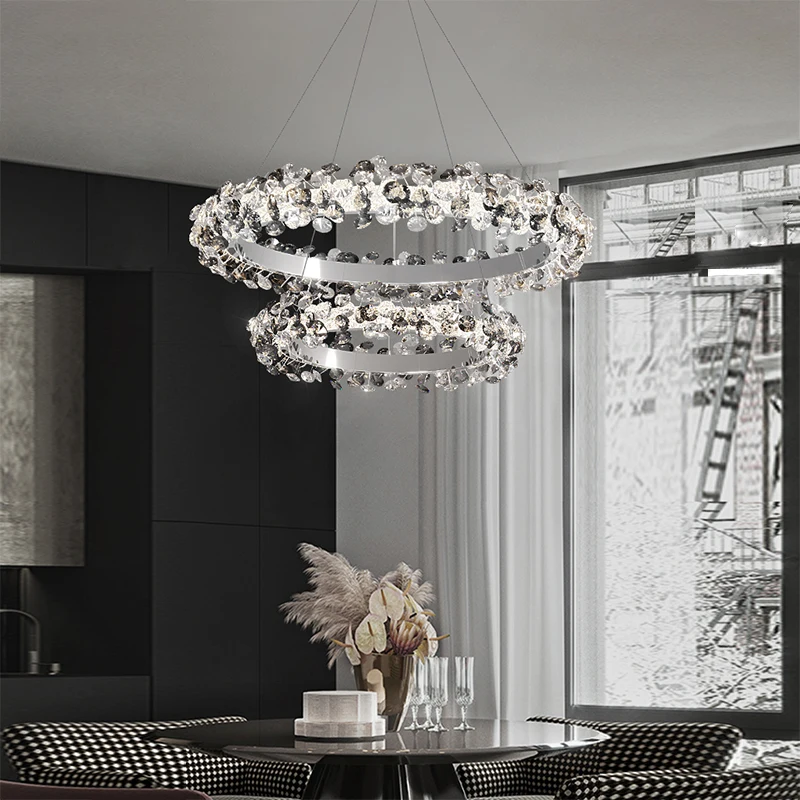 

LED Ceiling Chandeliers New Chrome Lustre Crystal Dimmable Ring Lights Lampara Techo Suspension Lamp for Dining Room Decoration