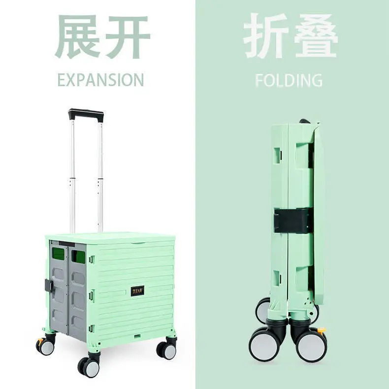 

Folding Small Grocery Cart Trolley Home Storage Grocery Pickup Delivery Cart Portable Shopping Step Trolley with Telescopic Rod