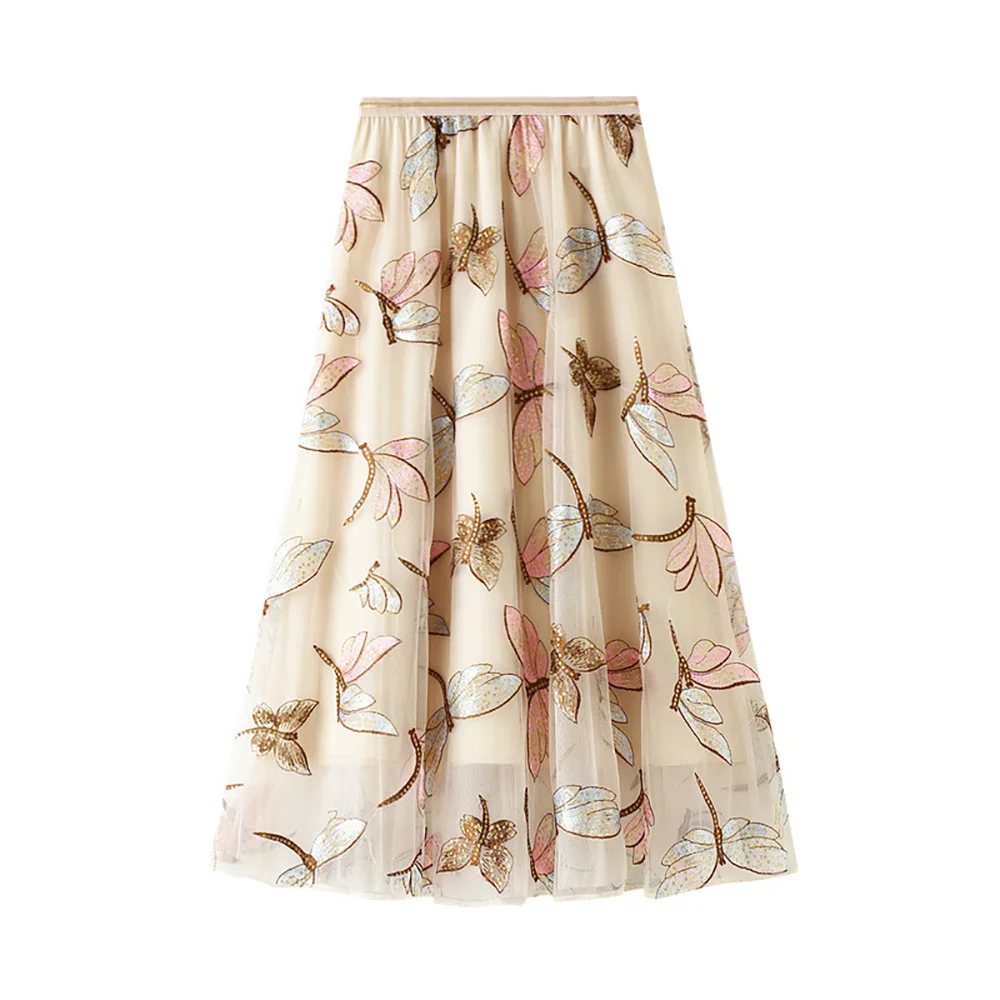 

Tulle Floral Skirt Women 2023 Summer A-line Elastic High Waist Pleated Long Skirt Women Sequins Dragonfly Embroidery Fairy Skirt