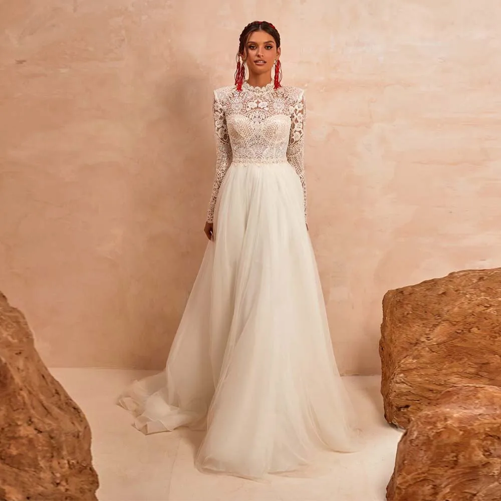 Bohemian Wedding Dresses 2022 New High Collar Lace Long Sleeve Button Bridal Gown A-Line Tulle Appliques Bride Dress For Women
Bohemian Wedding Dresses 2022 New High Collar Lace Long Sleeve Button Bridal Gown A-Line Tulle Appliques Bride Dress For Women