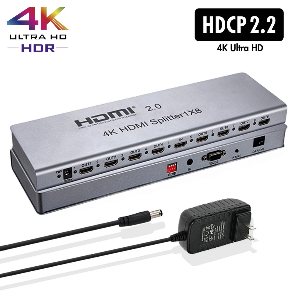 4K 1x8 HDMI 2,0 сплиттер 1 в 2 4 6 8 выход 1x2 1x4 HDMI сплиттер видео преобразователь 4K 60 Гц 3D EDID RS232 для PS4 ПК DVD к телевизору 
4K 1x8 HDMI 2,0 сплиттер 1 в 2 4 6 8 выход 1x2 1x4 HDMI сплиттер видео преобразователь 4K 60 Гц 3D EDID RS232 для PS4 ПК DVD к телевизору