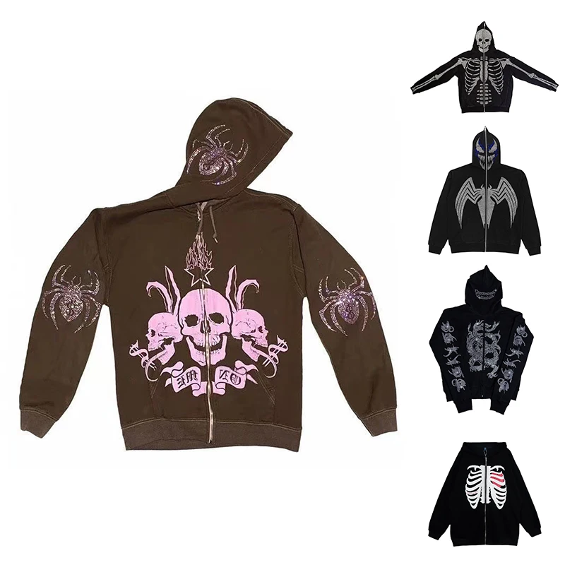 Skeleton Oversized Full Zip Up Over Face Skull Rhinestone Diamond Y2k Hoodies Men Women Pocket Coat Coat Print Cotton 2022
Skeleton Oversized Full Zip Up Over Face Skull Rhinestone Diamond Y2k Hoodies Men Women Pocket Coat Coat Print Cotton 2022