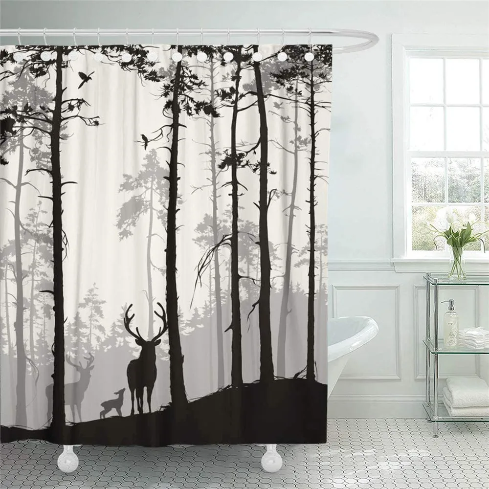 

Shower Curtain Silhouette of Pine Forest Family Deer and Birds Brown Bath Curtain Waterproof Bathroom Shower Curtain with Hooks