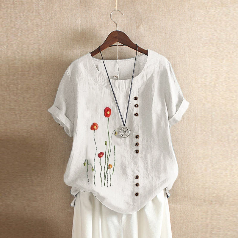 Элегантная женская модная блузка большого размера с круглым вырезом и коротким рукавом, пуловер средней длины с цветочным принтом, рубашка, одежда стандартного размера, топы 
Элегантная женская модная блузка большого размера с круглым вырезом и коротким рукавом, пуловер средней длины с цветочным принтом, рубашка, одежда стандартного размера, топы