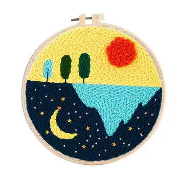 Moon in Lake Tree Punch Needle Kit for Beginner, Poke Embroidery Material Package, Handmade DIY Hobby