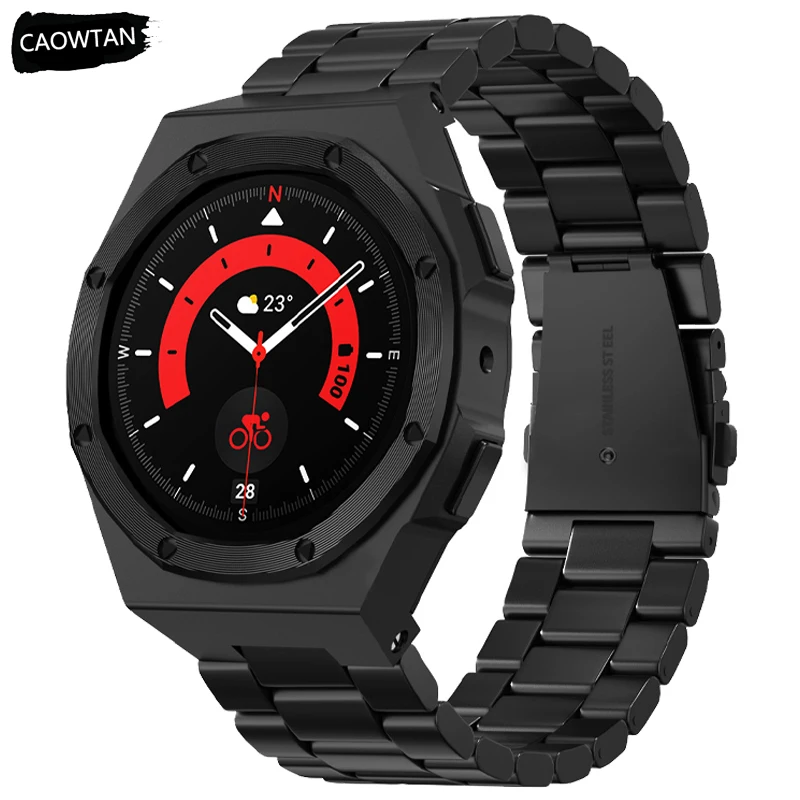 Роскошный чехол с модом для Samsung Galaxy Watch 4 5 Pro 45 мм 44 мм, прочный защитный металлический бампер, ремешок из нержавеющей стали для мужчин и женщин