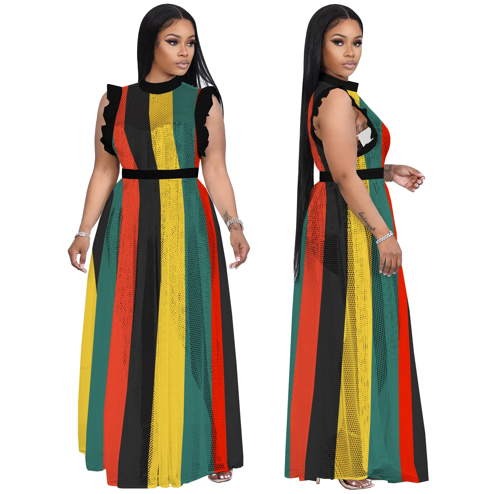 Women's Fashion Striped Dresses Lotus Leaf Sleeves Hollow Out Perspective Color Mesh Dress Sexy Club Nightclub Big Skirt 2022
Women's Fashion Striped Dresses Lotus Leaf Sleeves Hollow Out Perspective Color Mesh Dress Sexy Club Nightclub Big Skirt 2022