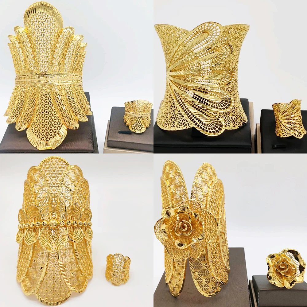 Gold Plated Flower Bangles with Ring Dubai Bride Wedding Party Charm Bracelet Jewelry Set Gifts Arabic Adjustable Ring Wholesale
Gold Plated Flower Bangles with Ring Dubai Bride Wedding Party Charm Bracelet Jewelry Set Gifts Arabic Adjustable Ring Wholesale
