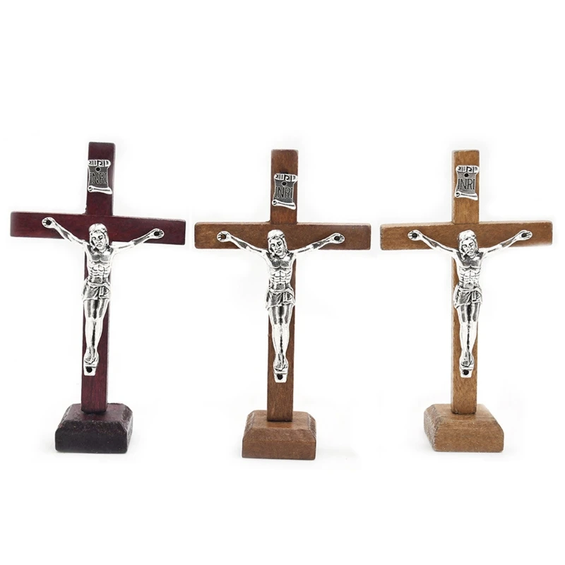 

Y9RE Table Wooden Catholic Jesus Cross with Stand Vintage Religious Christian Standing Crucifix Church Tabletop Decoration