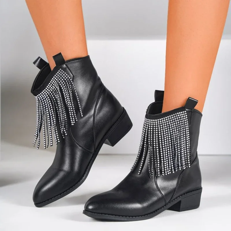

Женские ковбойские ботинки с бахромой и кристаллами на среднем каблуке, роскошные массивные Ботинки Челси, зимние новые трендовые ботильоны, туфли-лодочки, женские ботинки в стиле панк