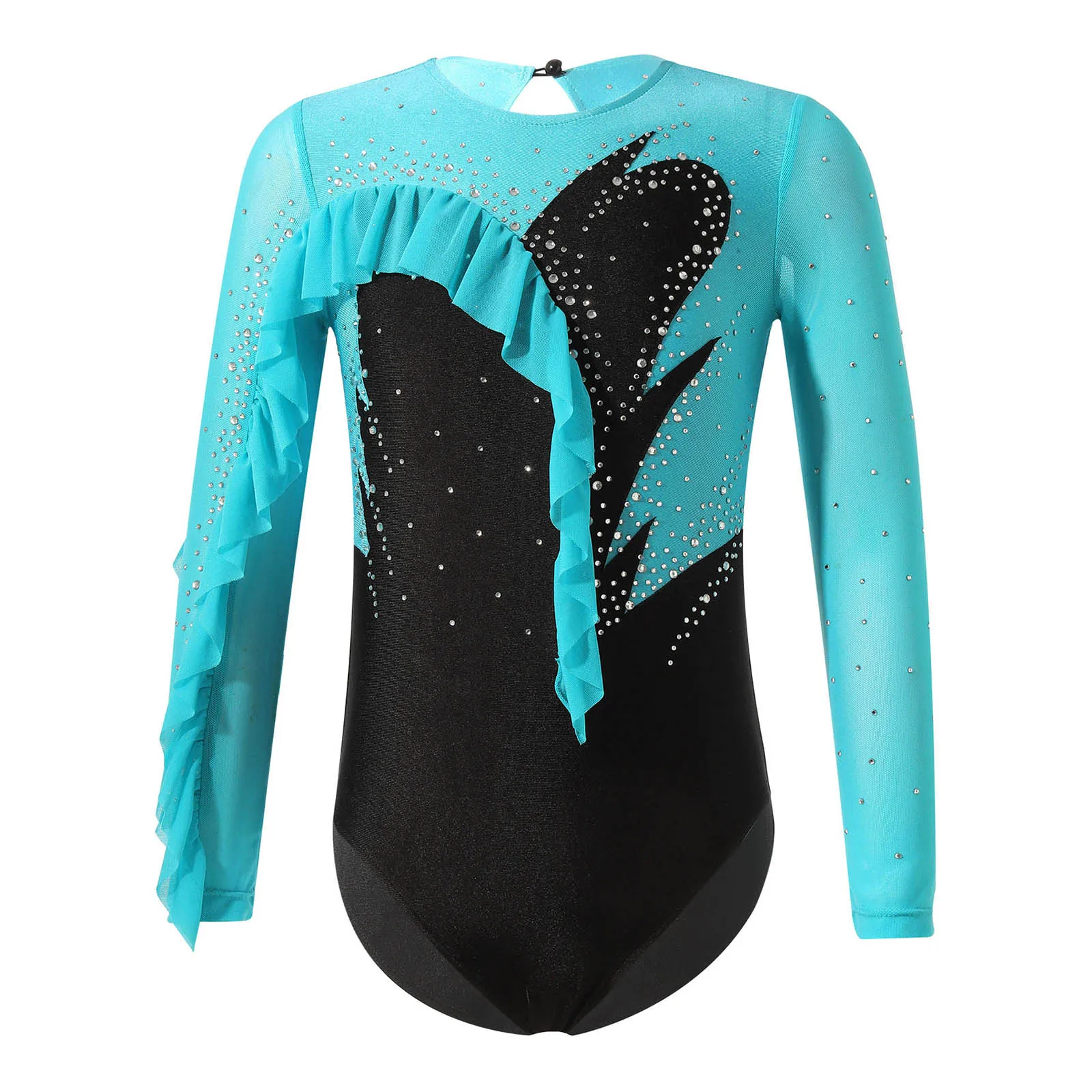 

2023 Kids Girls Dance Costumes Long Sleeve Round Neckline Shiny Rhinestone Decorated Ruffle Edge Hollow Back Leotards Jumpsuits