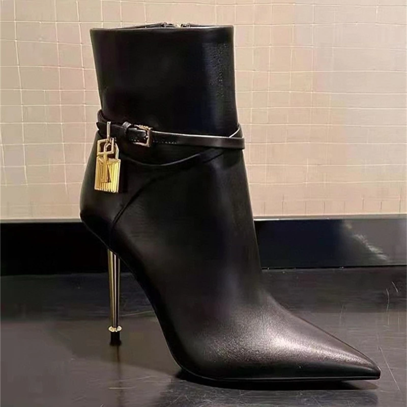 

Sexy Black Leather Women Ankle Boots Pointed Toe Thin High Heels Designer Dress Shoes Padlock Autumn Short Booties Prom Stiletto