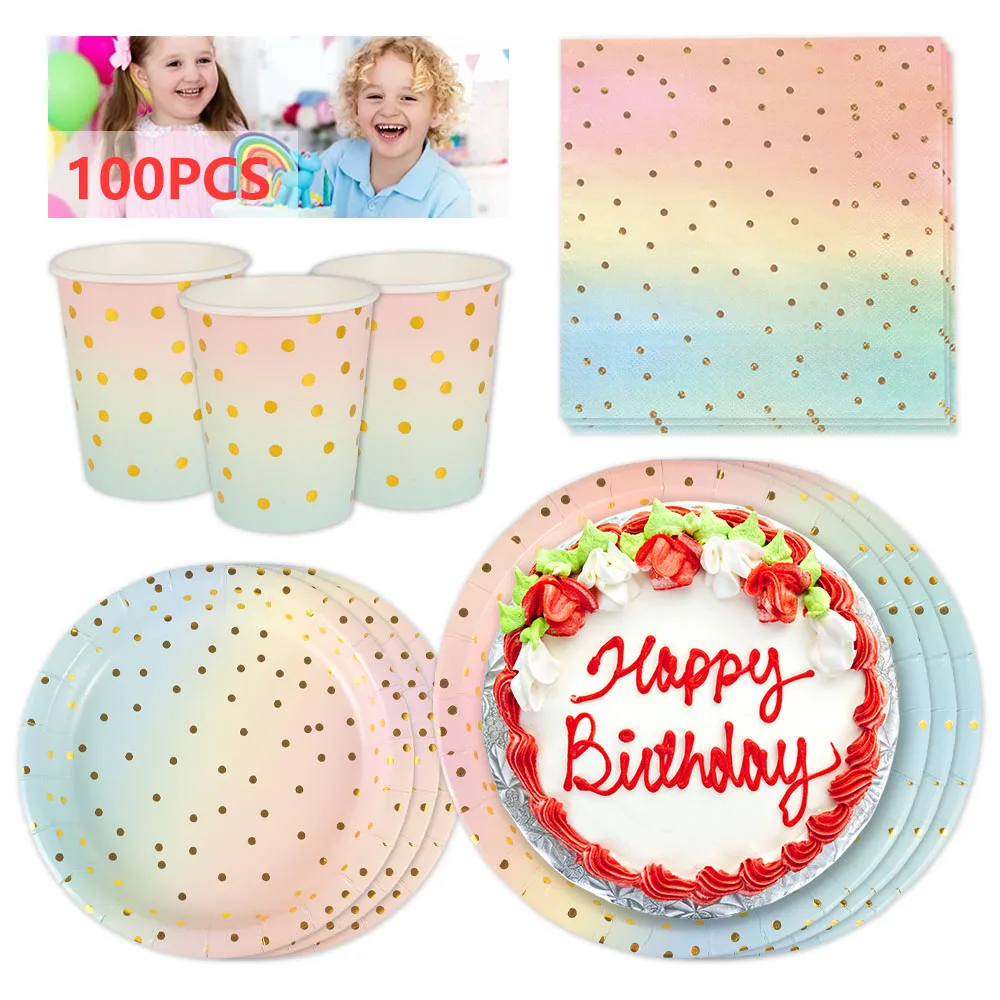 100 pcs Disposable Party Tableware Set Pastel Rainbow Party Supplies Graduation Birthday Dinnerware for 25 Guests
100 pcs Disposable Party Tableware Set Pastel Rainbow Party Supplies Graduation Birthday Dinnerware for 25 Guests