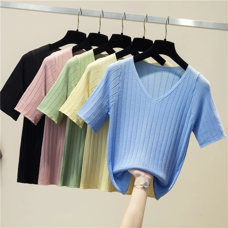 

Женский эластичный трикотажный топ с V-образным вырезом, повседневная одежда для женщин, пуловеры с коротким рукавом, однотонные базовые свитера для женщин, лето 2023