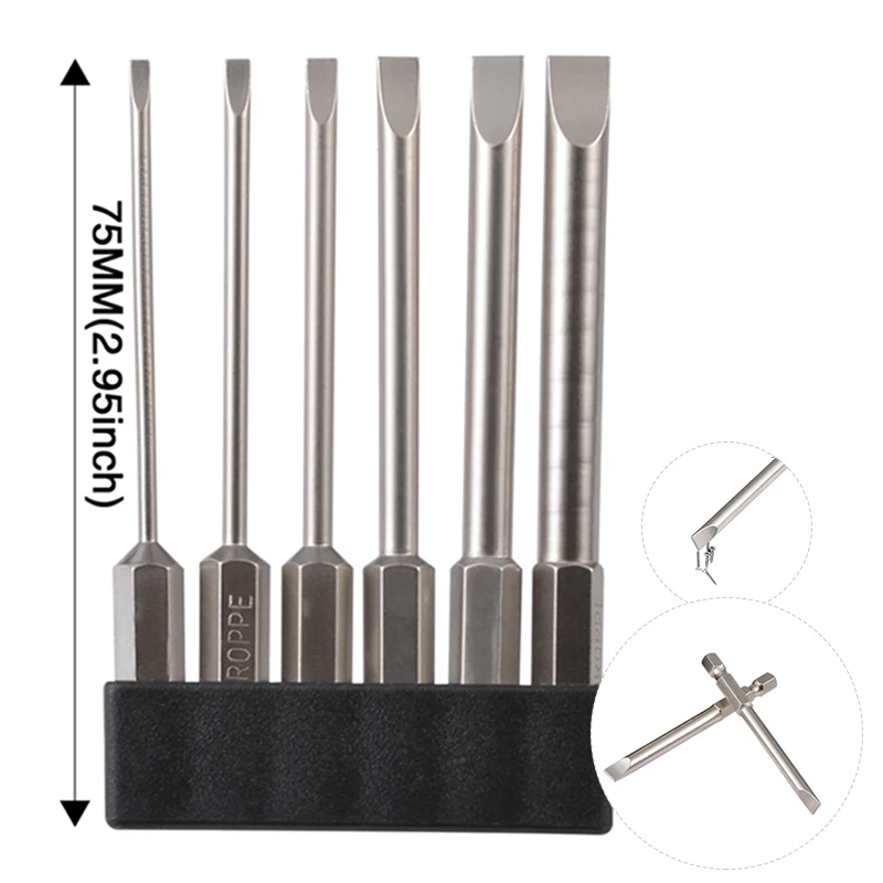 6pcs/set 2.0-6.0mm Flat Head Slotted Tip Screwdrivers Bits 1/4; Hex Shank Magnetic Slotted Screwdrivers Bits 75mm S2 Alloy Steel
6pcs/set 2.0-6.0mm Flat Head Slotted Tip Screwdrivers Bits 1/4; Hex Shank Magnetic Slotted Screwdrivers Bits 75mm S2 Alloy Steel