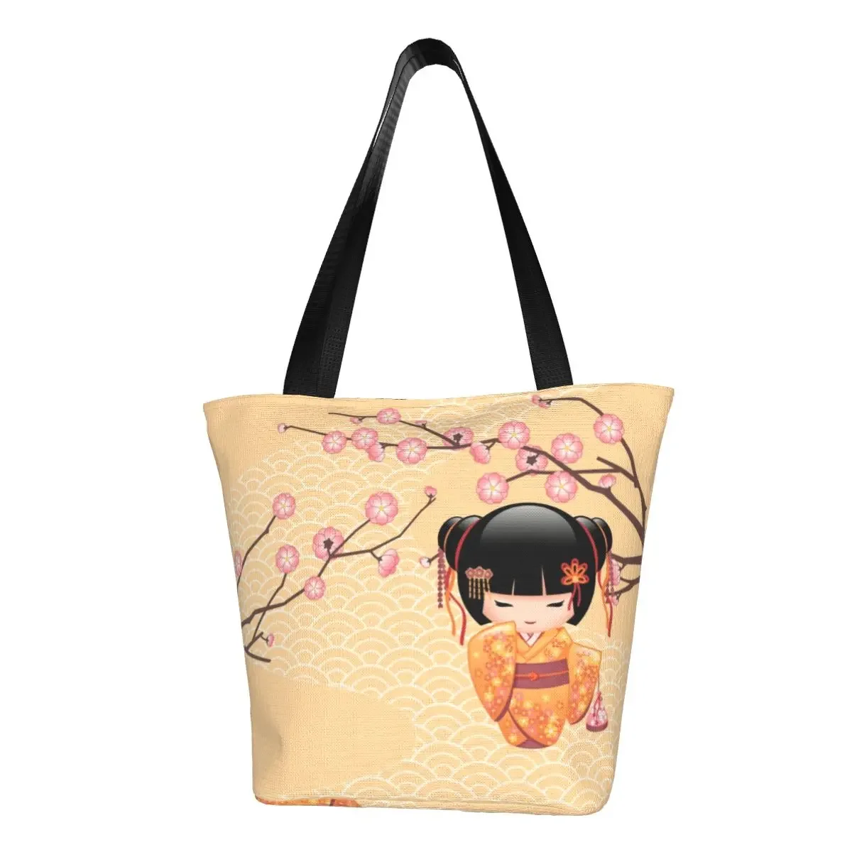 

Cute Kokeshi Doll Shopping Bag Women Canvas Shoulder Tote Bag Durable Japanese Sakura Cherry Blossom Groceries Shopper Bags