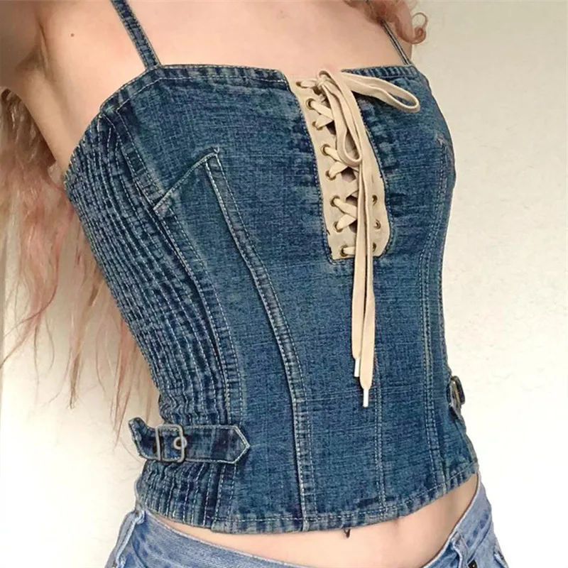 Women Vintage Denim Camisole Sexy Bandage Lace up Sleeveless Strapless vest ropa de mujer Summer Female Tank Tops Cool Crop Tops
Women Vintage Denim Camisole Sexy Bandage Lace up Sleeveless Strapless vest ropa de mujer Summer Female Tank Tops Cool Crop Tops