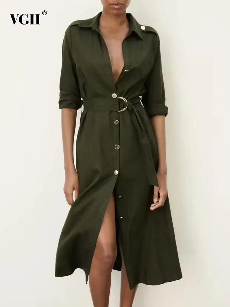 VGH Spliced Belt Dresses For Women Lapel Long Sleeve High Waist Slim A Line Patchwork Buttons Tunic Dress Female Clothing New
VGH Spliced Belt Dresses For Women Lapel Long Sleeve High Waist Slim A Line Patchwork Buttons Tunic Dress Female Clothing New