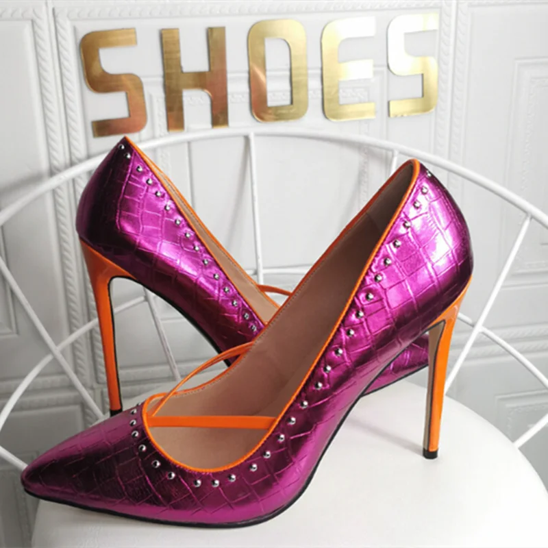 

SHOFOO shoes Fashion women's high heels. Rivets. Pointed toe pumps. Heel height is about 12cm. Lady shoes. Fashion show banquet