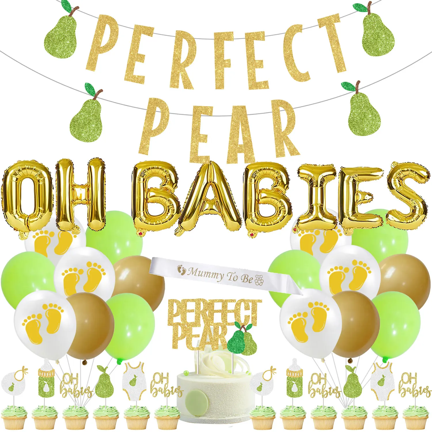 Cheereveal Pear Theme Twins Baby Shower Decorations Gold Oh Babies Balloons Perfect Pear Banner Cake Topper Mummy To Be Sash Kit 
Cheereveal Pear Theme Twins Baby Shower Decorations Gold Oh Babies Balloons Perfect Pear Banner Cake Topper Mummy To Be Sash Kit