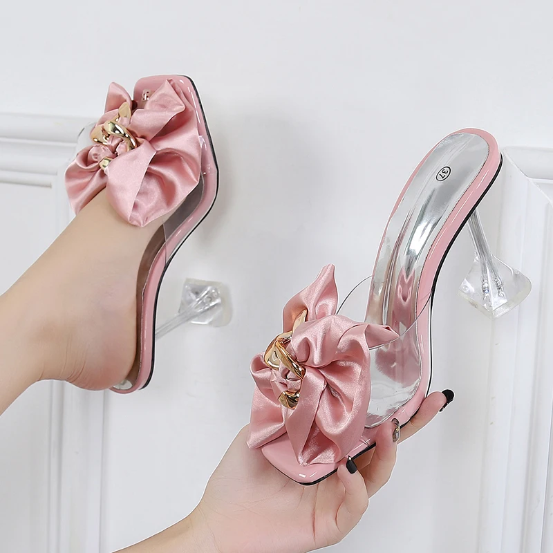 Fairy Style Women Slippers Satin Bow Sweet High Heels Shoes Square Toe Transparent Wine Glass Heel Elegant Ladies Slippers 2022
Fairy Style Women Slippers Satin Bow Sweet High Heels Shoes Square Toe Transparent Wine Glass Heel Elegant Ladies Slippers 2022
