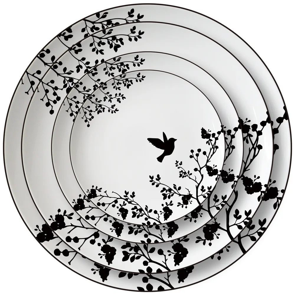 Black edge plate bone china tableware set silhouette style household dumpling plate Hotel Western food plate 
Black edge plate bone china tableware set silhouette style household dumpling plate Hotel Western food plate