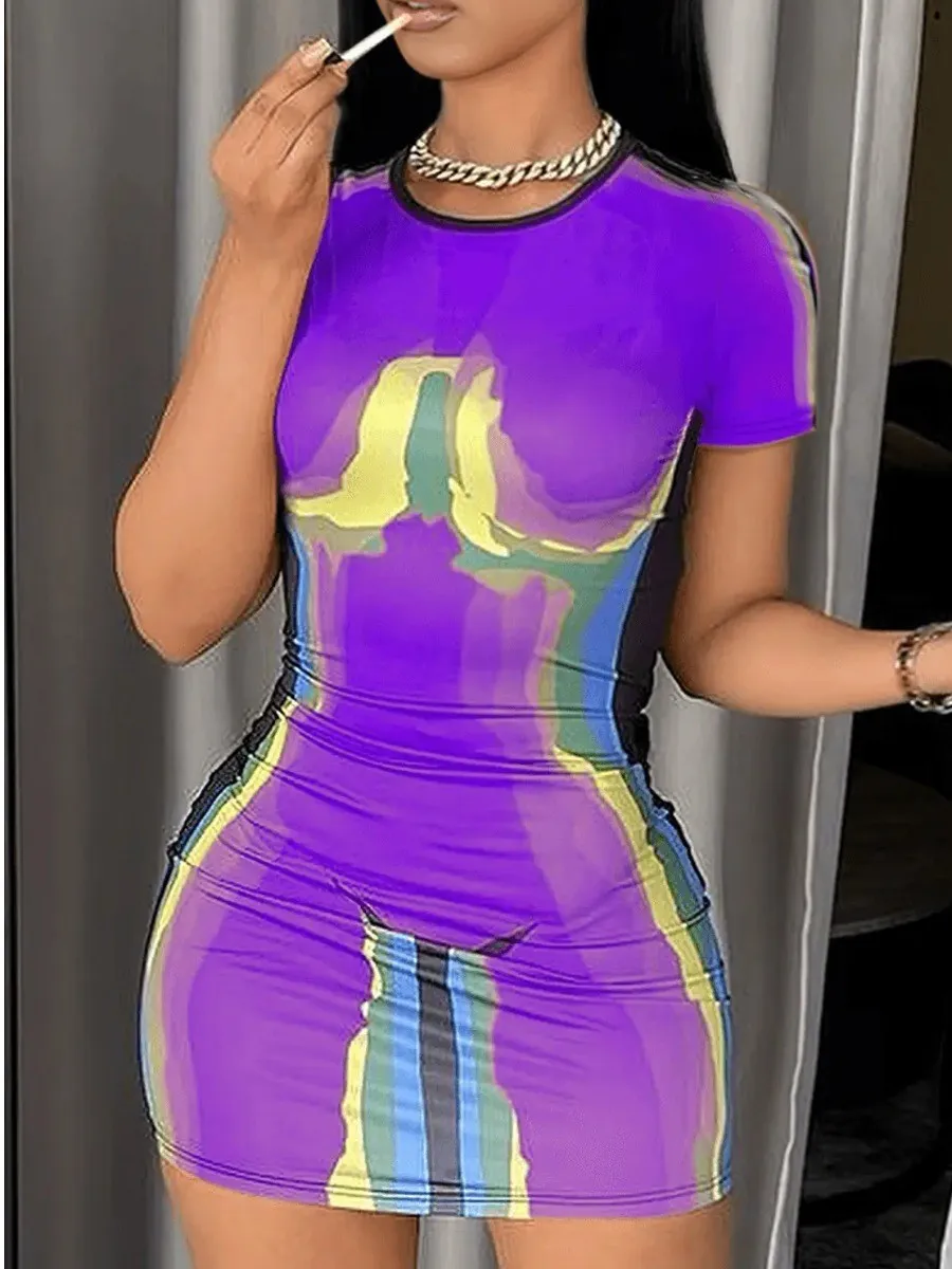 

LW SXY Body Heat Print Bodycon Dress Crewneck Short Sleeve Sheath Hipster Minidresses Stretch 3D Printing Women Summer Vestidos