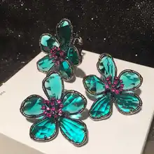 2023 Vintage Dark Green Crystal Flower Stud Earrings Ring Jewelry Women Retro Femme Wedding Bridal Luxury Jewelry Bijoux