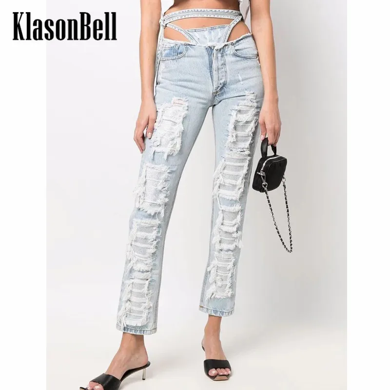 7.27 KlasonBell Washed Denim Fashion Street Hole Ripped Diamonds Exposed Waist Bandage Jeans Women
7.27 KlasonBell Washed Denim Fashion Street Hole Ripped Diamonds Exposed Waist Bandage Jeans Women