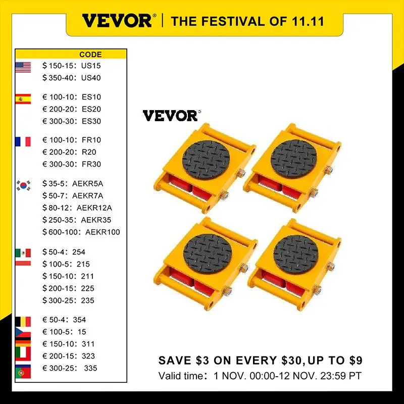 VEVOR 4Pcs 6T Industrial Cargo Pallet Trolley/Small Carrying Tanks/ Machinery Moving Cargo Skates With 360-Degree Rotation Cap
VEVOR 4Pcs 6T Industrial Cargo Pallet Trolley/Small Carrying Tanks/ Machinery Moving Cargo Skates With 360-Degree Rotation Cap