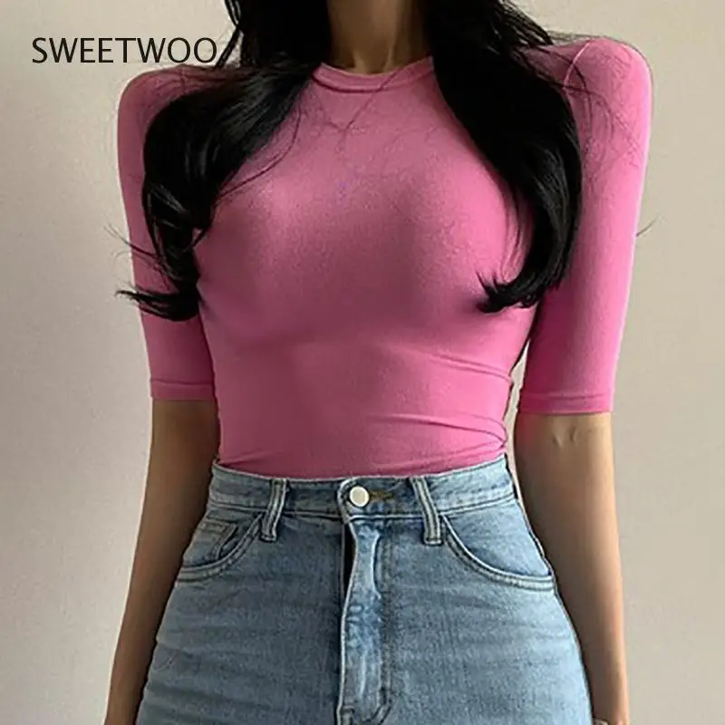 2022 Summer Solid Thin T Shirts Womens Tops Short Sleeve Skinny Basic T Shirt Women Korean Clothes Cotton Tee Shirt Femme Pink
2022 Summer Solid Thin T Shirts Womens Tops Short Sleeve Skinny Basic T Shirt Women Korean Clothes Cotton Tee Shirt Femme Pink