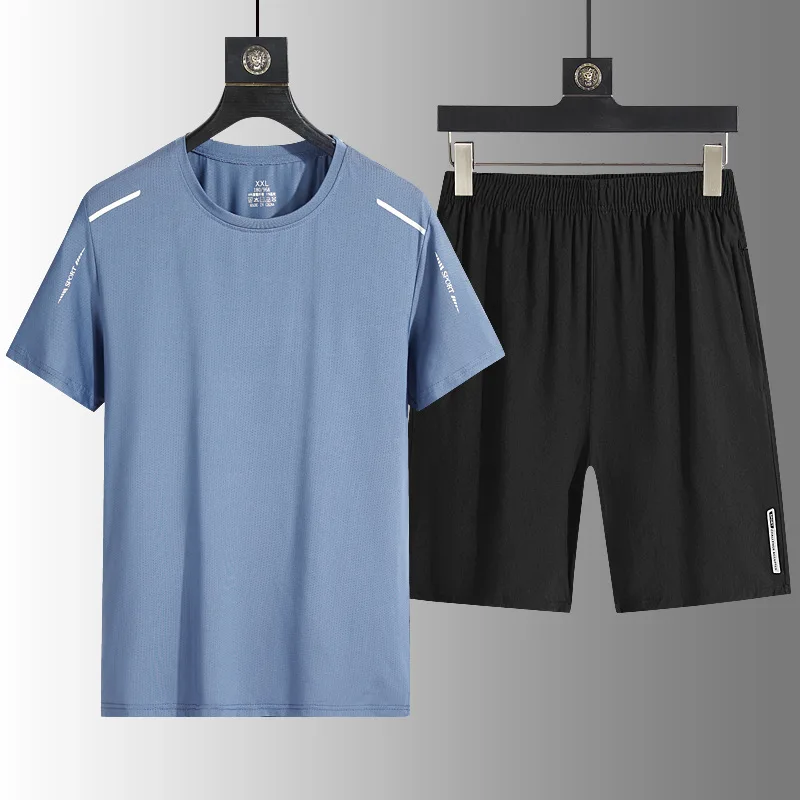 

Костюм спортивный мужской повседневный из вискозы, Свободный дышащий комплект из двух предметов, быстросохнущая футболка с круглым вырезом и шорты, лето