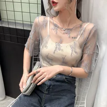2023 Summer Women Lace Floral Embroidery Shirt Ladies Half Sleeves Tops Sexy Mesh Blouses Transparent Elegant See-through Shirts