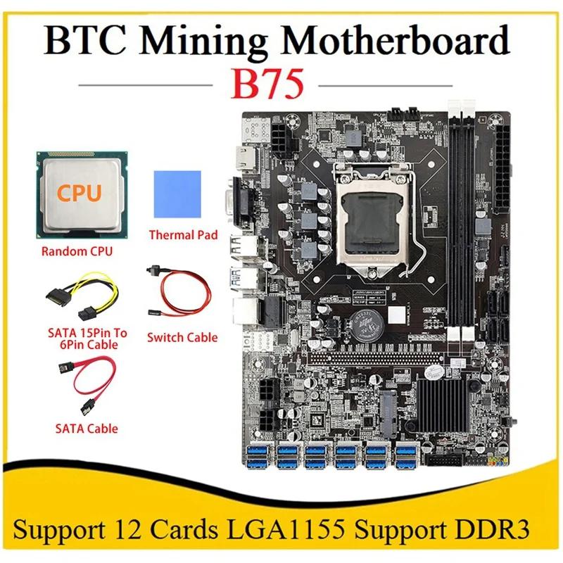 B75 ETH Mining Motherboard LGA1155 12XPCIE To USB Adapter+CPU+SATA Cable+SATA To 6Pin Cable B75 BTC Miner Motherboard
B75 ETH Mining Motherboard LGA1155 12XPCIE To USB Adapter+CPU+SATA Cable+SATA To 6Pin Cable B75 BTC Miner Motherboard