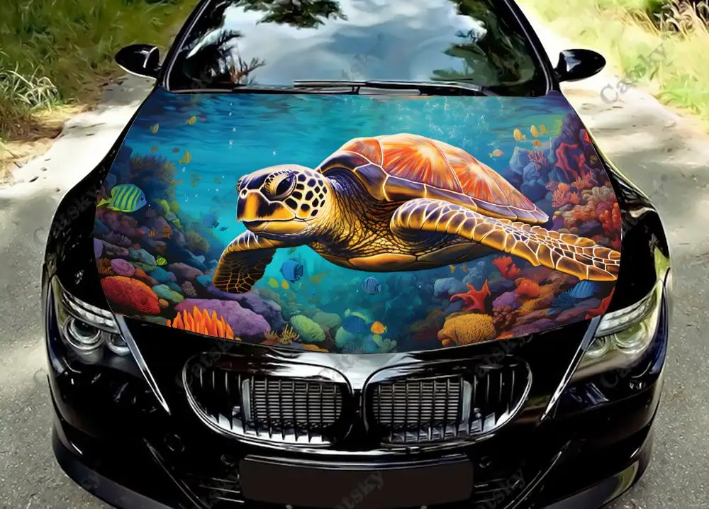 

Красочные виниловые наклейки на капот автомобиля с изображением морской черепахи, виниловая пленка, наклейки на крышку двигателя, автомобильные аксессуары